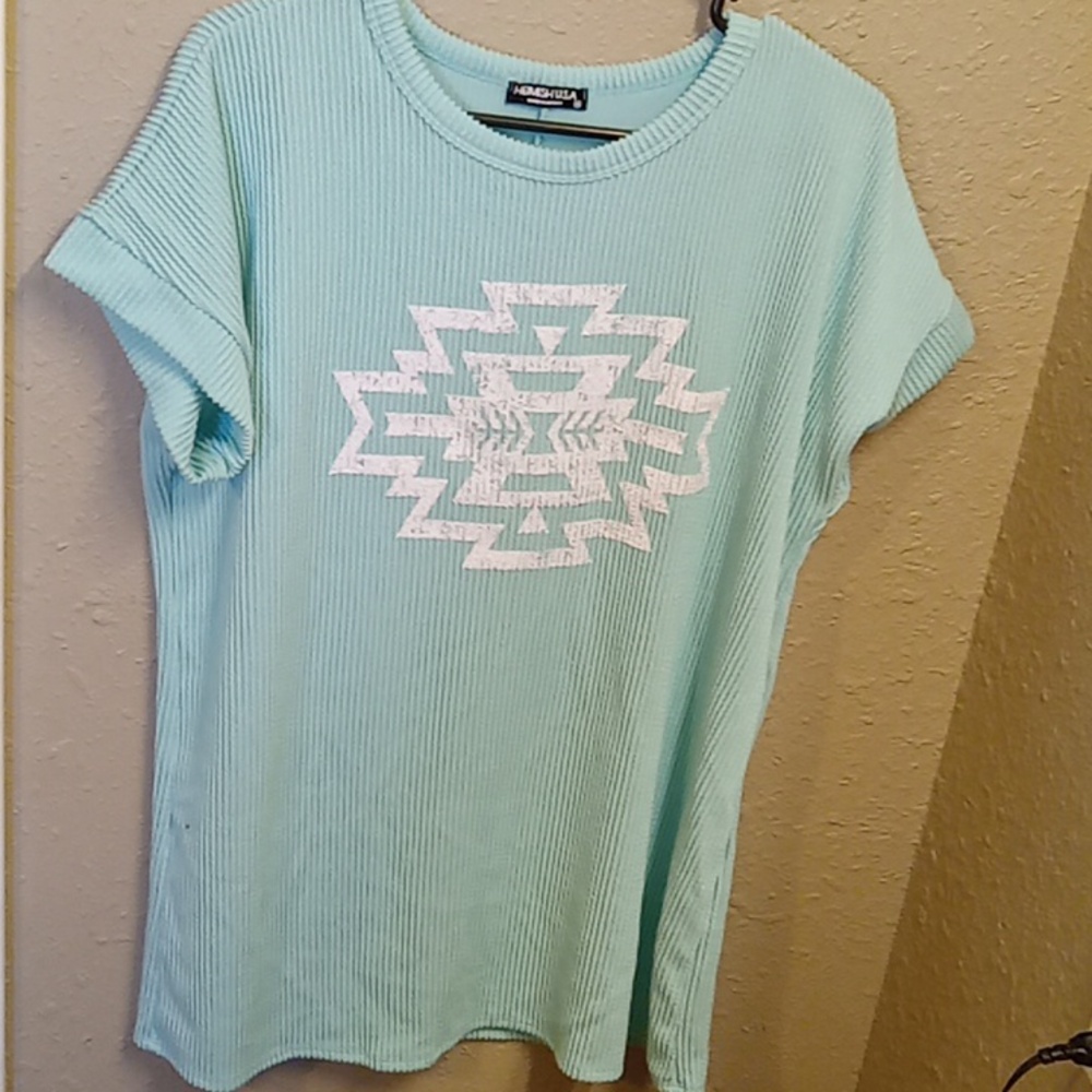 Heimish Made In Mexico Western Teal White Thick Ribbed T Shirt/Sweater